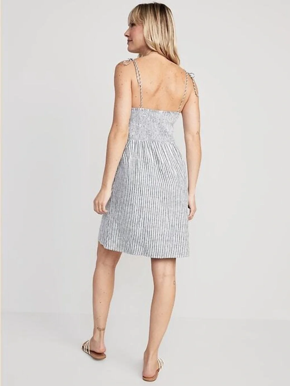 Old Navy Blue Striped Fit & Flare Tie-Strap Linen-Blend Mini Dress - Picture 2 of 4